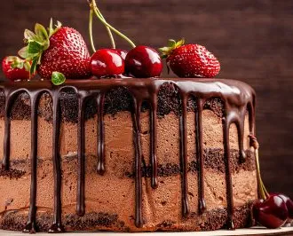 Pastel de capas de chocolate cubierto de frutas.' decoding='async' title='Una Navidad muy cervecera