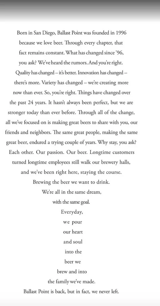 ballastpunkt åpent brev' title='Ballast Point-ansatte markerer nytt eierskap med åpent brev