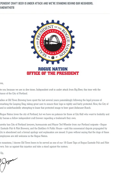 Rogue ondersteunt het brouwen in de oude stad' title='Old Town Brewing en de stad Portland maken een einde aan een langdurig geschil over handelsmerken