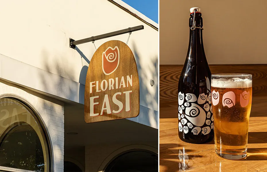 Außenansicht des Schankraums von Florian East und eine Flasche mit einem Glas Bier' title='Wir feiern Detroits Craft-Beer-Geschichte