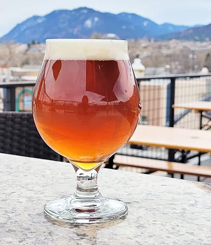 산을 배경으로 테라스에 있는 스니프터 잔에 담긴 에일' title='맥주 오브 가드: '신선한 공기의 숨결