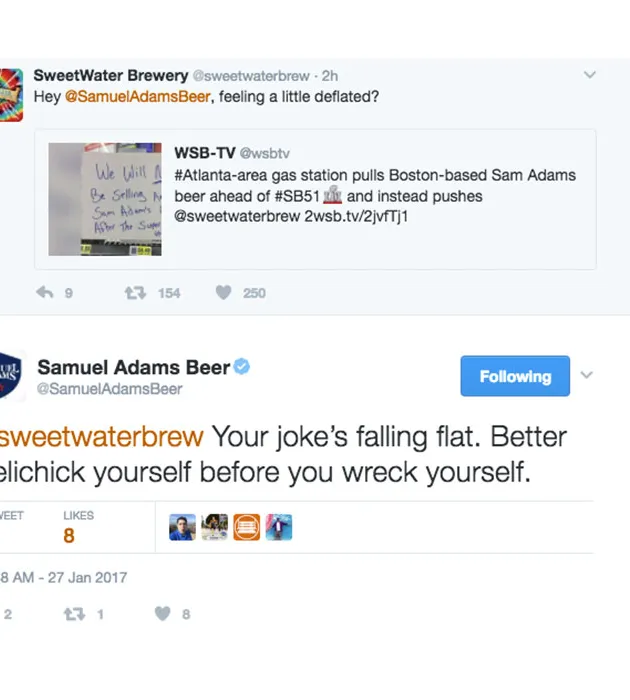 SweetWater Sam Adams Twitter' title='SweetWater en Sam Adams praten een beetje op Twitter voorafgaand aan het grote spel